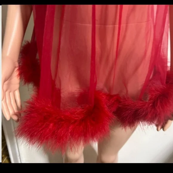 Red Sheer Feather Trim Babydoll - Picture 6 of 8